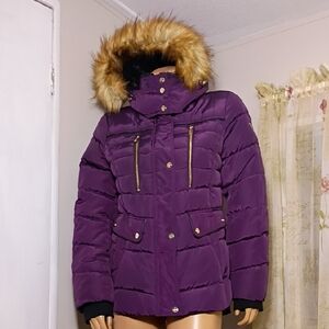 Guess Purple Puffer‎ Jacket with Faux Fur Trim